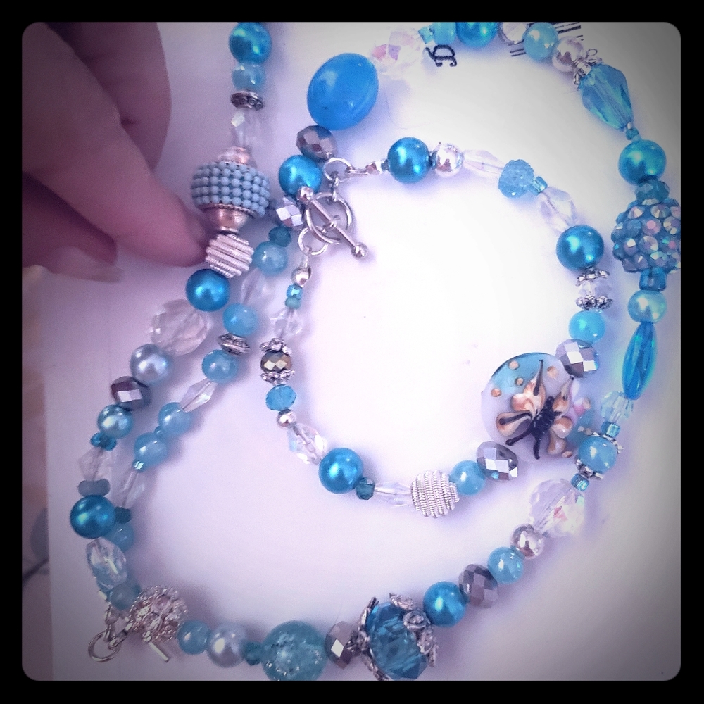 Teal Blue Kashmiri ,lampwork, & Glass Necklace and